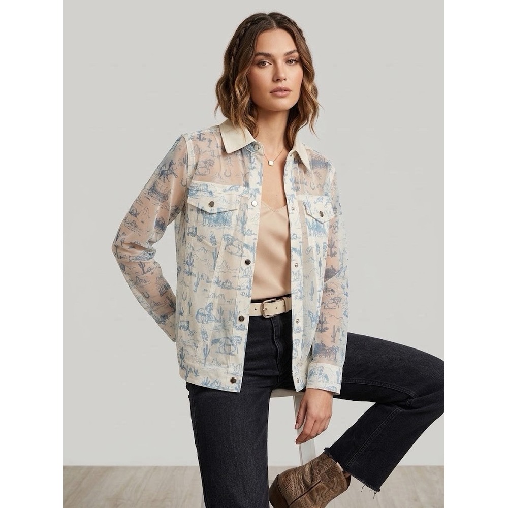 Women's Sheer Western Printed Button-Down Shirt / Jacket NWT Size M